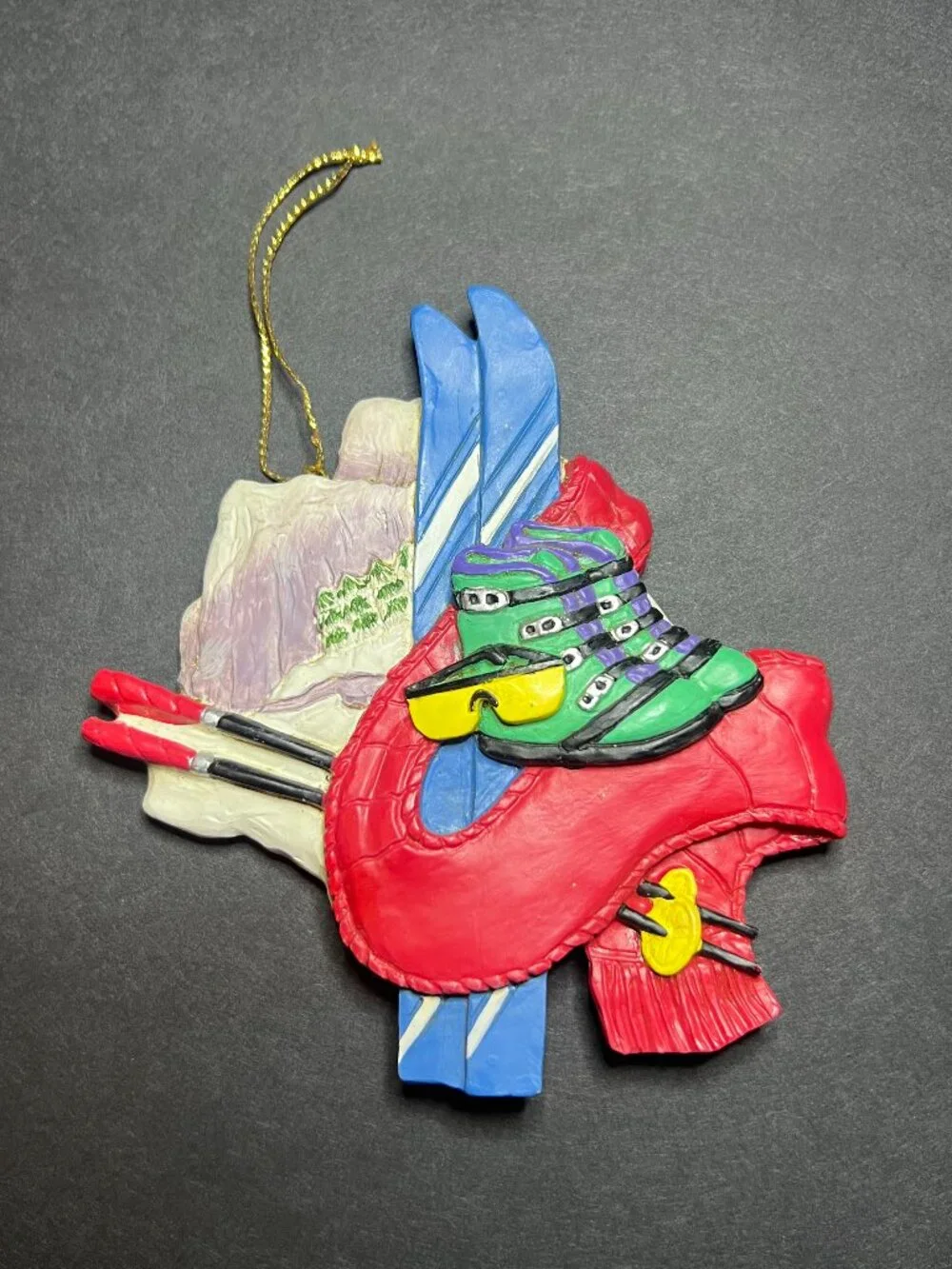 Vintage Resin Mountain Scene w/ Ski Boots, Scarf & Goggles Christmas Ornament
